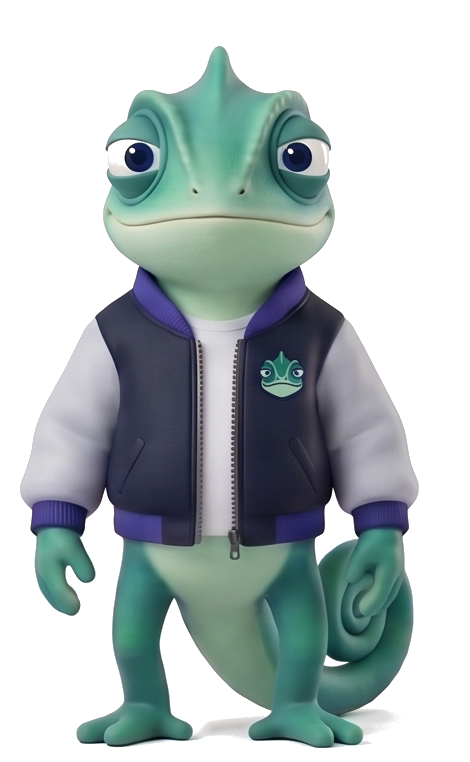 Mascote do Lumo SEO, um camaleão de jaqueta